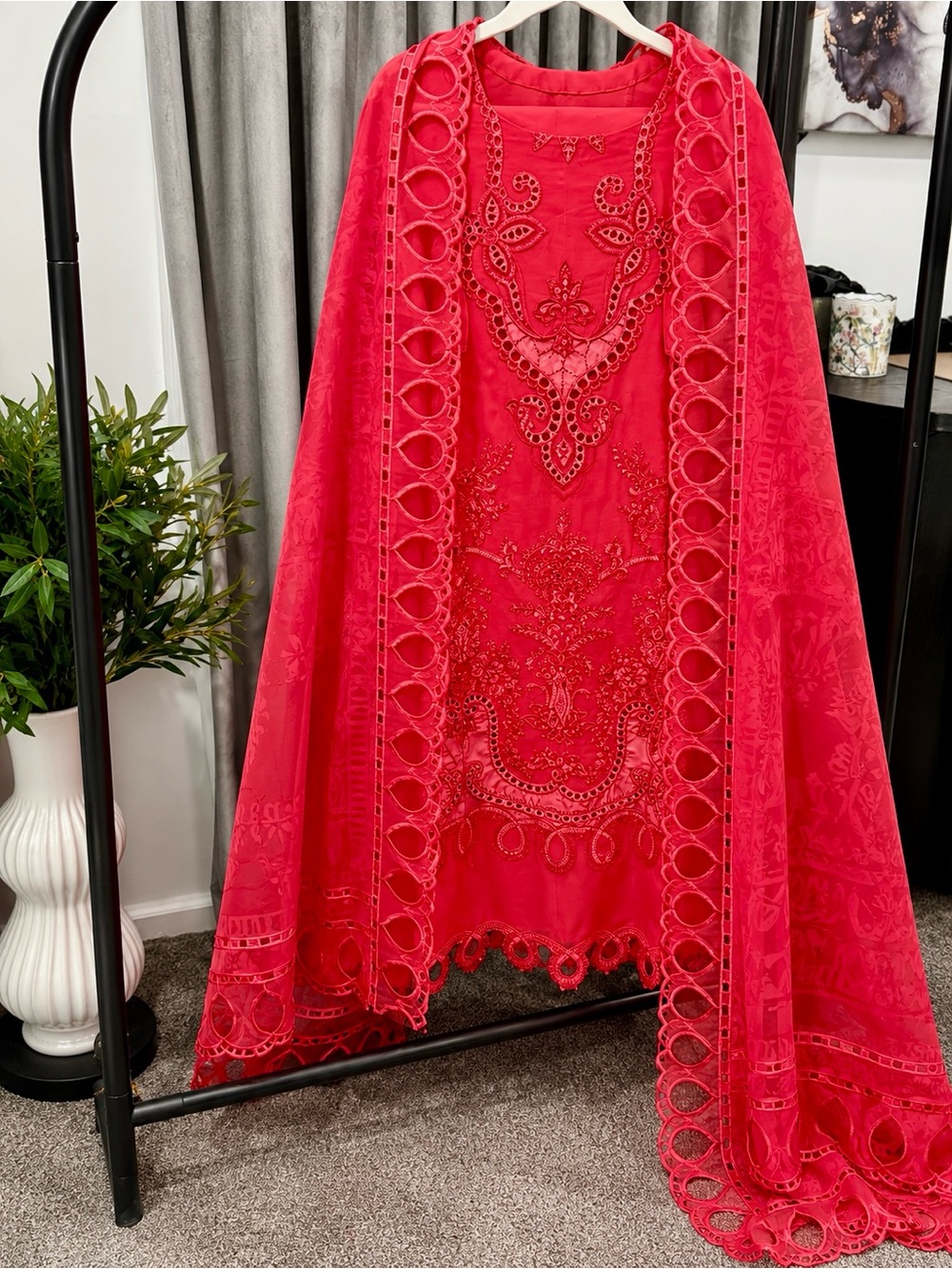 Embroidered Red Women's Dress with Scallop Lace Trim